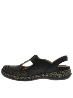 Ballerines emboitant en cuir noires à talon plat avec une bande auto-agrippante