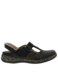 Ballerines emboitant en cuir noires à talon plat avec une bande auto-agrippante