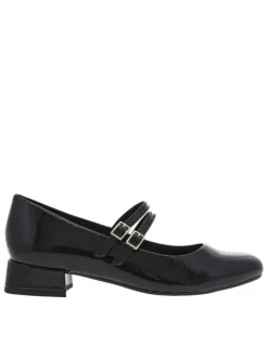 Ballerines noires vernies à talon décroché bas avec 2 boucles à ardillon