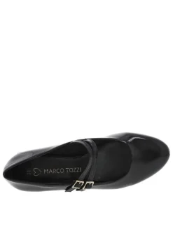 Ballerines noires vernies à talon décroché bas avec 2 boucles à ardillon