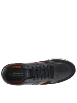 Baskest basses en empiècements de cuir lisse et nubuuck marine à lacets enduis