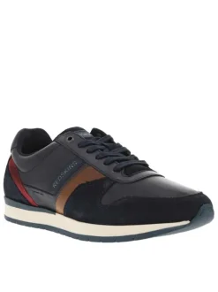 Baskest basses en empiècements de cuir lisse et nubuuck marine à lacets enduis