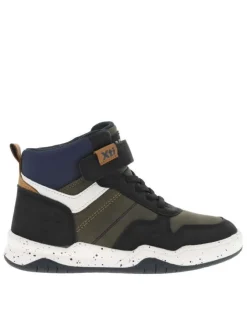 Baskets kaki et noires plates avec des lacets et bande auto-agrippante