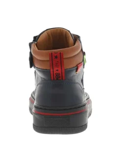 Baskets montantes en cuir marine avec zip et lacets plats rouges Made in France