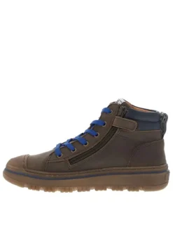 Baskets montantes en cuir avec lacets plats bleu et un zip Made in France