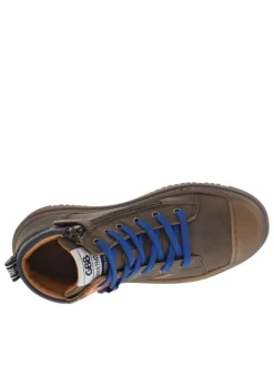 Baskets montantes en cuir avec lacets plats bleu et un zip Made in France