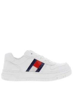 Baskets multisport en simili cuir blanc à semelle élargie, lacets plats et zip