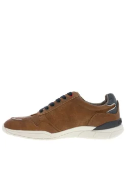 Baskets basses cognac avec des lacets plats marine et un zip latéral