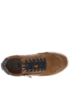 Baskets basses cognac avec des lacets plats marine et un zip latéral