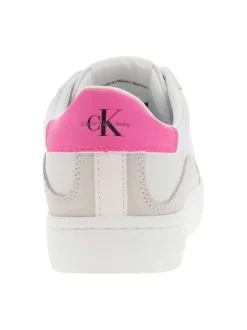 Baskets basses divers cuir blanc et écrus, semelle vulcanisée à lacets et contrefort rose fluo