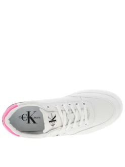 Baskets basses divers cuir blanc et écrus, semelle vulcanisée à lacets et contrefort rose fluo