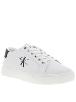 Baskets basses en cuir blanc avec surpiqures blanches tige noire et logo sur côté extérieur