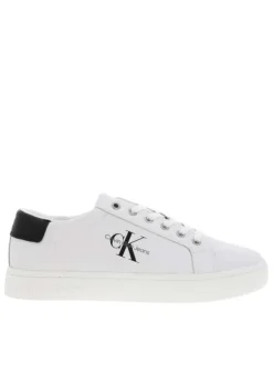 Baskets basses en cuir blanc avec surpiqures blanches tige noire et logo sur côté extérieur