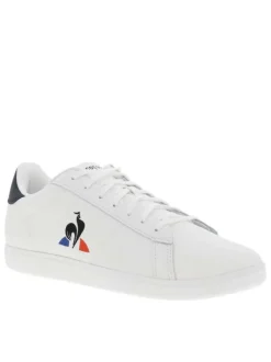 Baskets basses en cuir blanc à détail tricolore, à semelle tennis et lacets