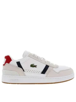 Baskets basses en cuir blanc et beige avec empiècements en cuir rouge et noir et fermeture à lacets blancs