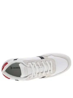Baskets basses en cuir blanc et beige avec empiècements en cuir rouge et noir et fermeture à lacets blancs