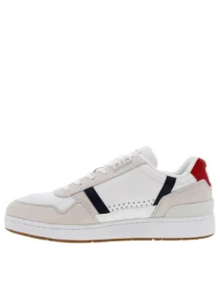 Baskets basses en cuir blanc et beige avec empiècements en cuir rouge et noir et fermeture à lacets blancs