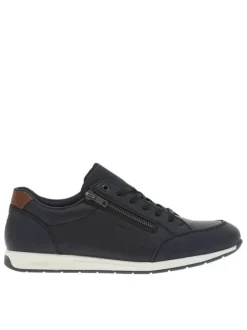 Baskets basses en cuir bleu marine avec des lacets plats et un zip latéral