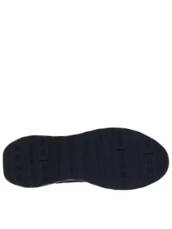 Baskets basses en cuir bleu marine avec logos de la marque et lacets plats