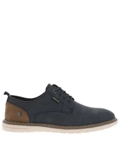 Baskets basses en cuir bleu marine et marron avec des lacets ronds
