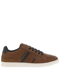 Baskets basses en cuir cognac avec des lacets plats bleu marine
