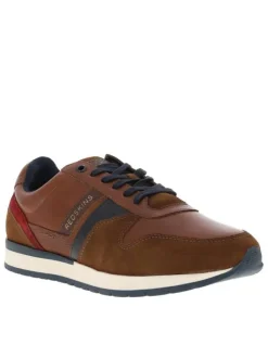 Baskets basses en cuir cognac avec lacets plats marine et empiècements effet peau de reptile de chaque côté
