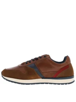 Baskets basses en cuir cognac avec lacets plats marine et empiècements effet peau de reptile de chaque côté