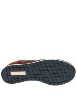 Baskets basses en cuir cognac avec lacets plats marine et empiècements effet peau de reptile de chaque côté