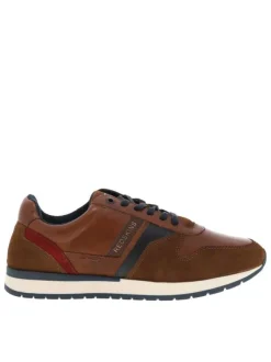 Baskets basses en cuir cognac avec lacets plats marine et empiècements effet peau de reptile de chaque côté