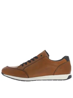 Baskets basses en cuir cognac avec lacets plats marine et zip côté extérieur