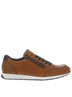 Baskets basses en cuir cognac avec lacets plats marine et zip côté extérieur