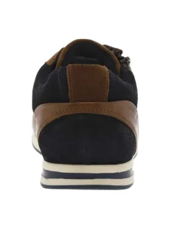Baskets basses en cuir cognac et marine avec lacets plats et zip latéral