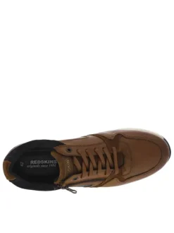 Baskets basses en cuir cognac et marine avec lacets plats et zip latéral