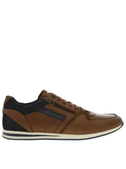 Baskets basses en cuir cognac et marine avec lacets plats et zip latéral