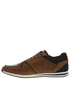 Baskets basses en cuir cognac et marine avec lacets plats et zip latéral