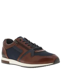 Baskets basses en cuir cognac et marine avec lacets plats et zip latéral