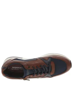 Baskets basses en cuir cognac et marine avec lacets plats et zip latéral