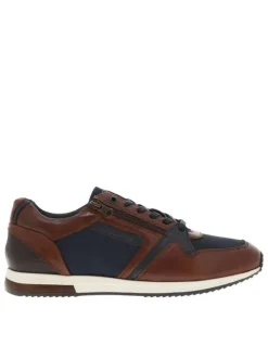 Baskets basses en cuir cognac et marine avec lacets plats et zip latéral