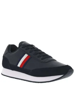 Baskets basses en cuir grainé bleu marine à semelle running et à lacets plats