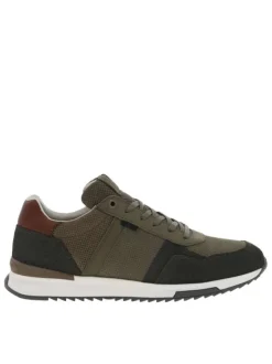 Baskets basses en cuir kaki avec une semelle running et des lacets plats