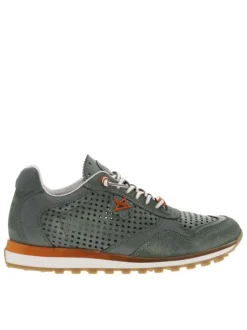 Baskets basses en cuir kaki à lacets élastiqués avec une semelle running