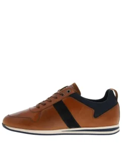 Baskets basses en cuir lisse brun à chevillière en mesh bleu marine
