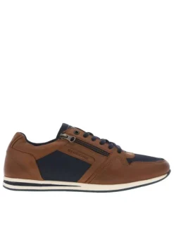 Baskets basses en cuir marrons avec talon plat et lacets plats marine