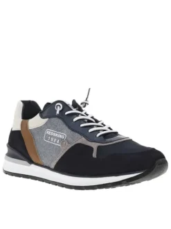 Baskets basses en cuir nubuck et Mesh bleu marine et jean à lacets élastiqués