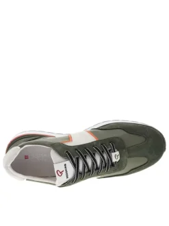 Baskets basses en cuir nubuck et Mesh kaki à semelle running et à lacets plats