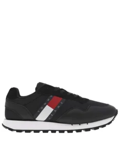 Baskets basses en Mesh et cuir noir à semelle running blanche et à lacets plats