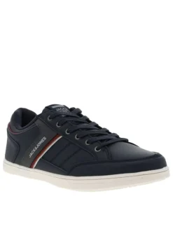 Baskets basses en simili cuir bleu marine avec une semelle écrue et lacets tressés