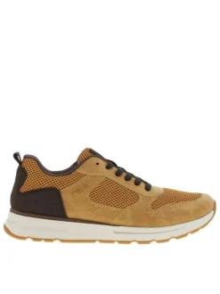 Baskets basses miel en mesh et en similicuir avec des lacets plats