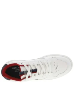 Baskets basses multisport aspect cuir blanc à doublure rouge et lacets plats