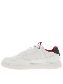 Baskets basses multisport aspect cuir blanc à doublure rouge et lacets plats
